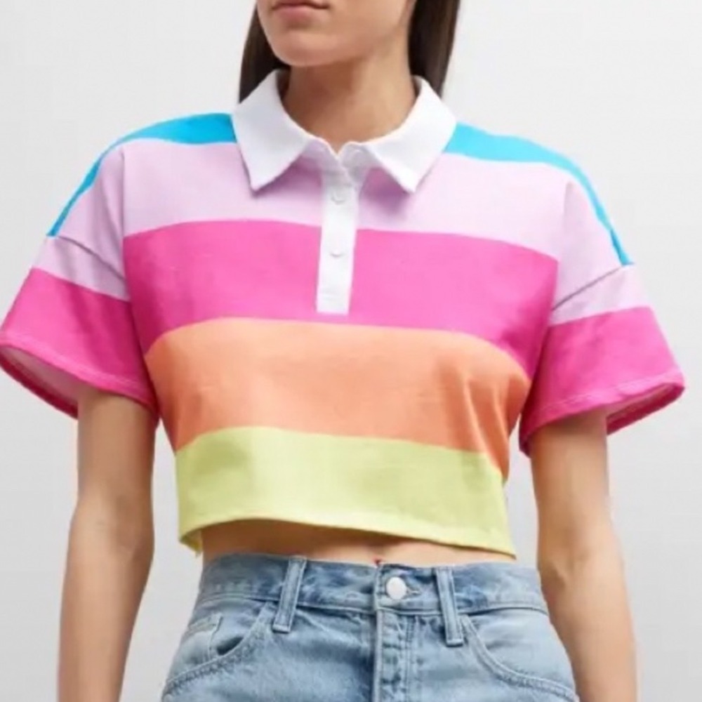 Beach Riot Willa Cropped Short Sleeve Polo Shirt Multi Stripe Pink Yellow Small - Picture 2 of 5